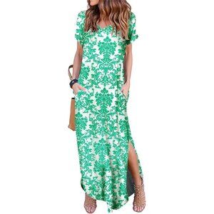Women's V-Neck Maxi Dress – Short Sleeve, Split Hem, Pockets, Size Small‎